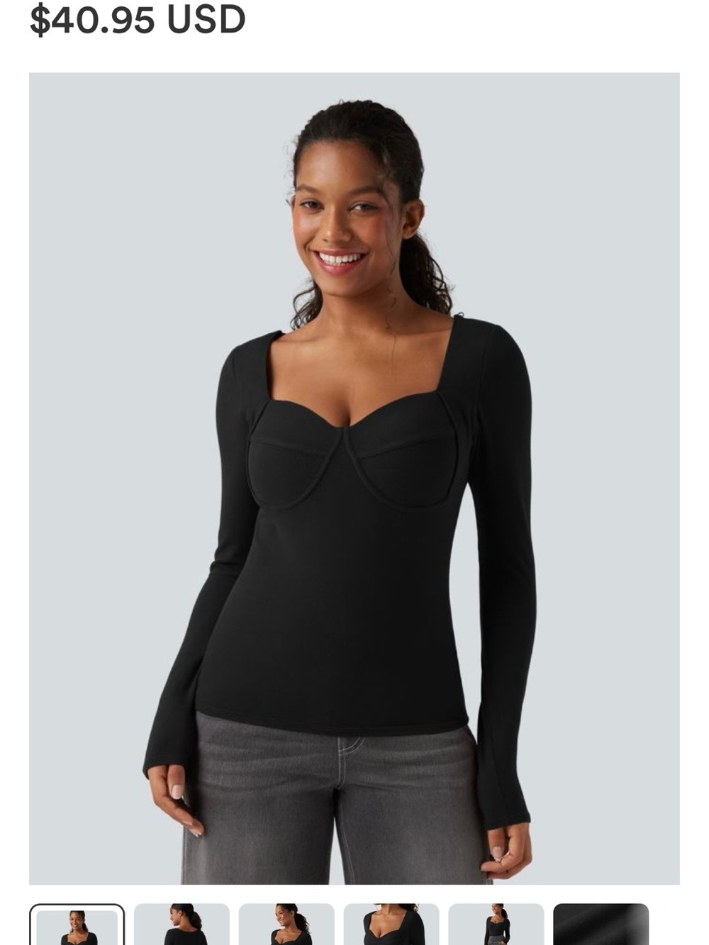 Black Long-Sleeve Sweetheart Neck Busier Top